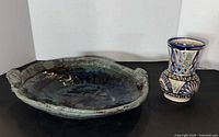 Overview of platter and vase showing size and color
