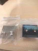 Two pairs of stud earrings in individual zip bags