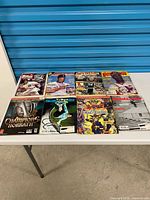 All eight magazines and guides laid out on table in two rows