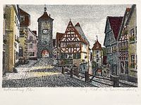 Close view of the hand-colored etching showing image details and artist inscriptions