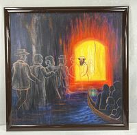 Full view of framed square painting showing imagery and frame