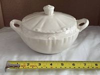 Front view of covered dish with tape measure showing width about 9 inches