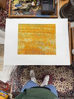 Full view of unframed woodblock print on white paper