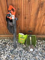 Overall lot: blower vac with bag, potting mix, shovel in tub