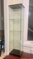 Full view of glass cabinet showing top, base, and shelves