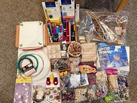 Overview of entire mixed craft lot showing gelatos, markers, wire, wood pieces, embellishments