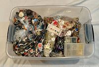 Open bin showing numerous bagged buttons and small organizers