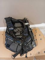 Front view of Mares Frontier BCD showing inflator, straps, pockets