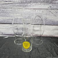 Front view of three clear glass carafes/vases