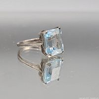 Front angled view showing emerald-cut blue topaz and silver band