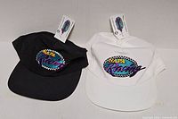 Front view of both caps showing colours, logo embroidery and tags