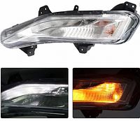 Front, white DRL illuminated and amber turn signal views of the fog light assembly