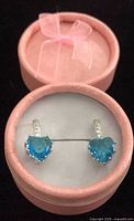 Earrings front view in box showing heart-cut blue stones and accent bars