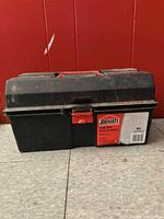 Closed Jobmate toolbox front view showing label and latch