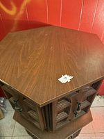 Top view of hexagonal brown wood end table