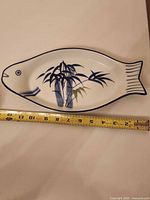 Full view of fish-shaped porcelain plate with ruler showing length