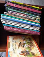 Stack of assorted children’s books on shelf showing multiple spines