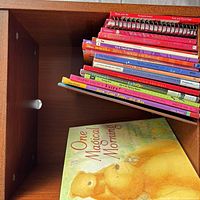 Books stacked showing spines and one cover