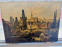 Full view of Prague cityscape painting on panel