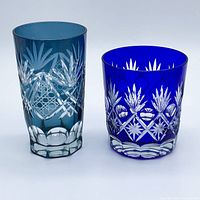 Both Edo Kiriko cobalt blue cut-crystal tumblers side by side