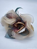 Front view of organza flower brooch showing layered petals and bead center