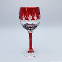 Full view of ruby red Edo Kiriko cut crystal stem glass