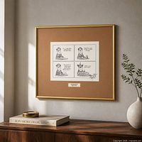 Front view of framed cartoon showing artwork, mat and frame