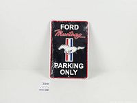 Full view of shrink-wrapped Ford Mustang Parking Only embossed sign
