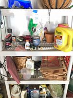 Shelving with grass seed, Preen jug, oil mix bottles, leaf bags, fuel stabilizer, assorted small items