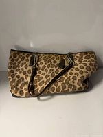 Front view of Coach leopard print shoulder bag showing pattern, strap, and hardware