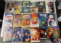 Front view of 18 VHS tapes laid out showing titles and cover art