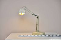 Lamp fully extended upright, light on, ruler for scale