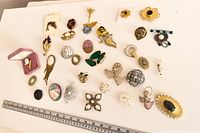 Full array of brooches and pins with ruler for scale