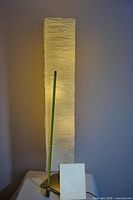 Lamp illuminated showing pleated shade and metal base