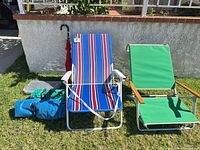 Group shot of both chairs, umbrella and tarps on lawn