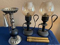 Group shot of two Mason lamps with globes, candlestick with snuffer, and two loose brass tubes