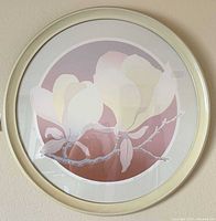 Close view of framed Saucer Magnolia print showing artwork details and frame