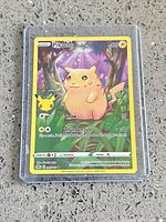 Front of Pikachu Celebrations card showing artwork, stats and 25th logo