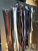 Belts hanging showing full lengths and variety