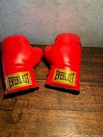 Front view of both red Everlast boxing gloves showing logo patches on cuffs