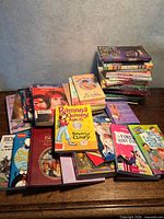 Wide view of all stacked and spread books on table