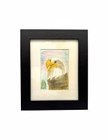 Frontal view of framed colored pencil eagle sketch showing mat and frame