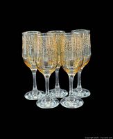 Front view of all five etched crystal wine glasses