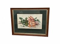 Front view showing watercolor rose still life, mat and wood frame