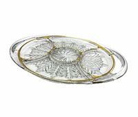 Top view of clear Jeannette Feather relish tray showing five sections, gold trim and handles