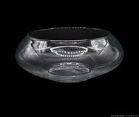 Oblique view of entire clear glass bowl showing shape and rim
