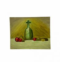 Front view of still life painting showing decanter and fruit