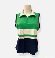 Front view of sleeveless quarter-zip color-block tank top