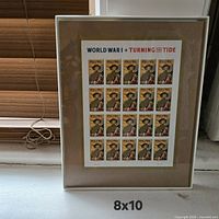 Frontal view of framed WWI Forever stamp sheet