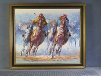 Front view of framed horse racing oil painting